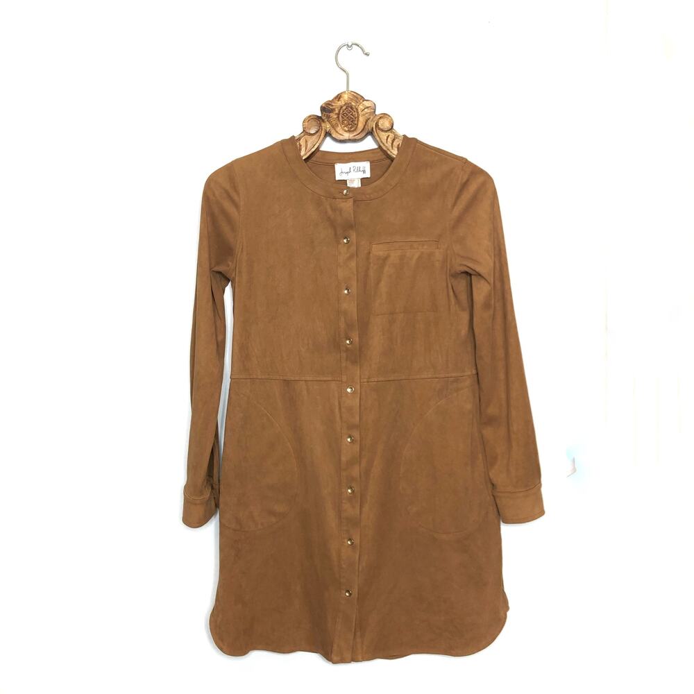 Joseph Ribkoff Faux Suede Snap Button Front Mini Dress Tunic Long Sleeve Tan 2